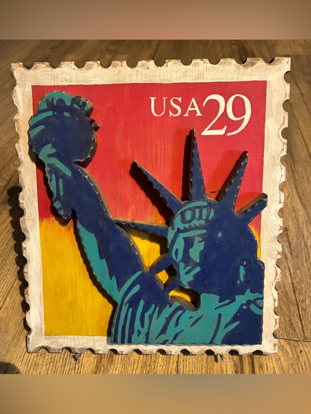Hand carved USA 29 cents Patriotic Statue of Liberty Wall Art - Teal & Navy
